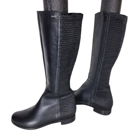 Hogl Black Leather Woven Mesh Stretch Knee-High Riding Boots H038 Goretex 7/8 US - Picture 1 of 16